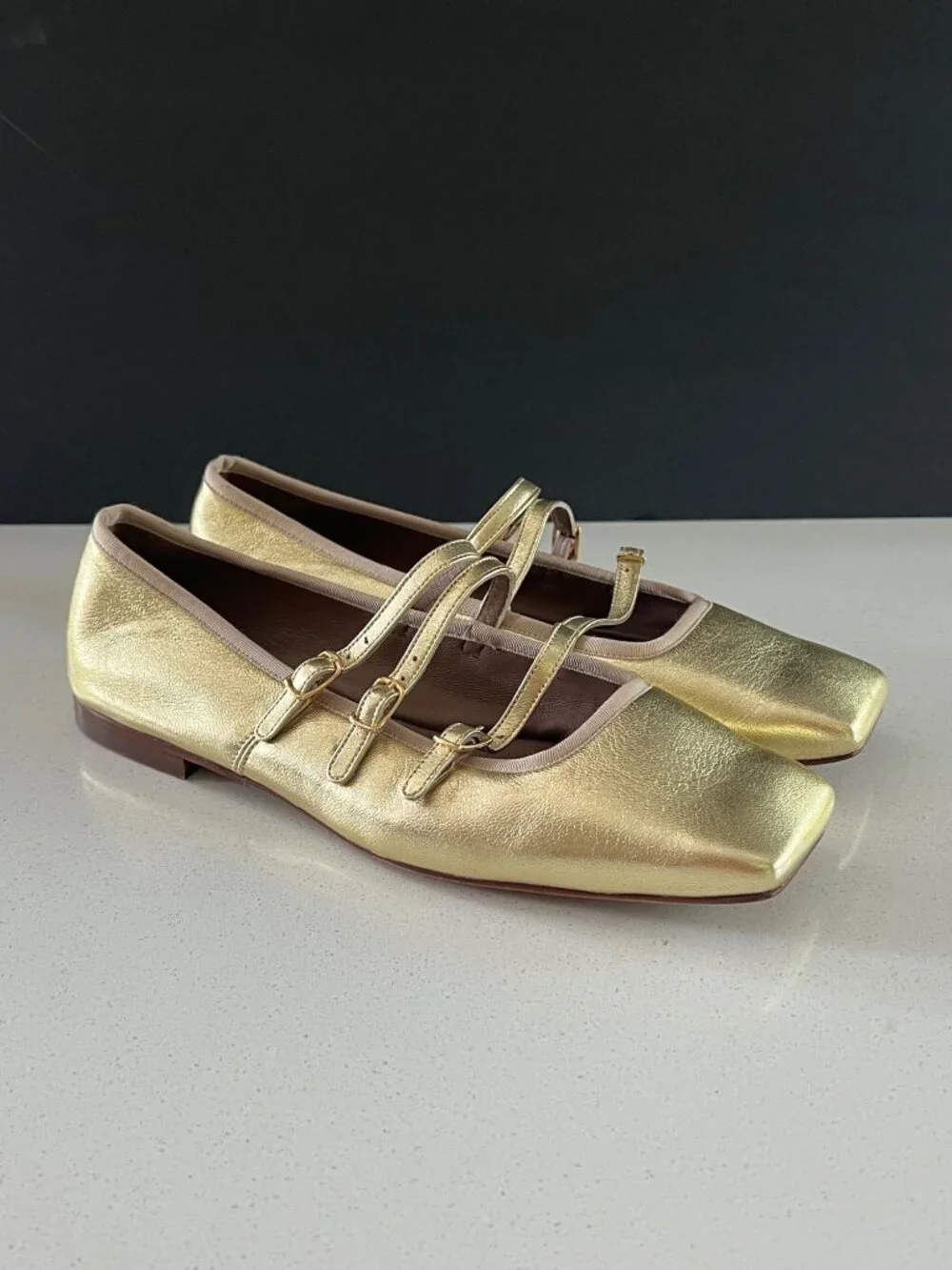 Mansur Gavriel Square Toe Mary Jane gold lamb leather Flats size  39